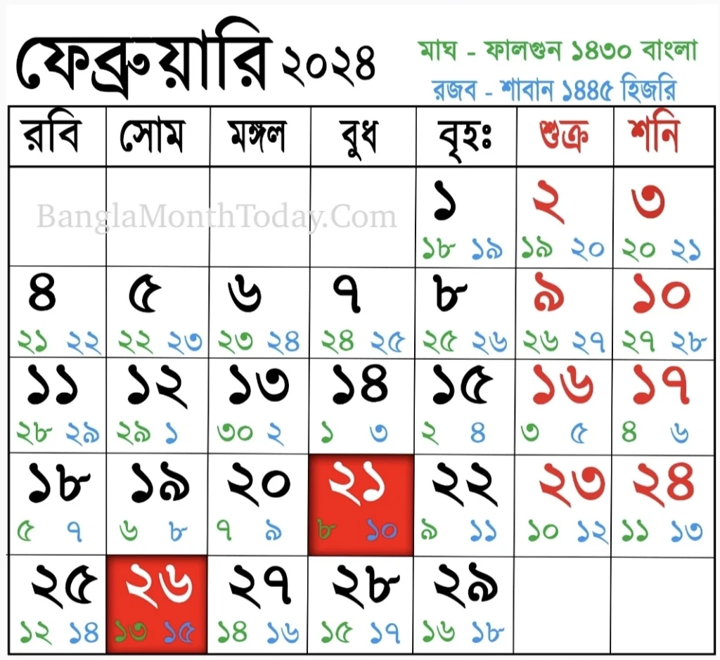 february bangla maser tarikh